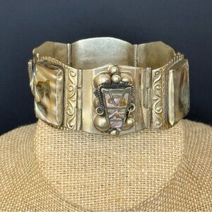 VTG Taxco Abalone Alpaca Silver Chunky Bracelet GUC